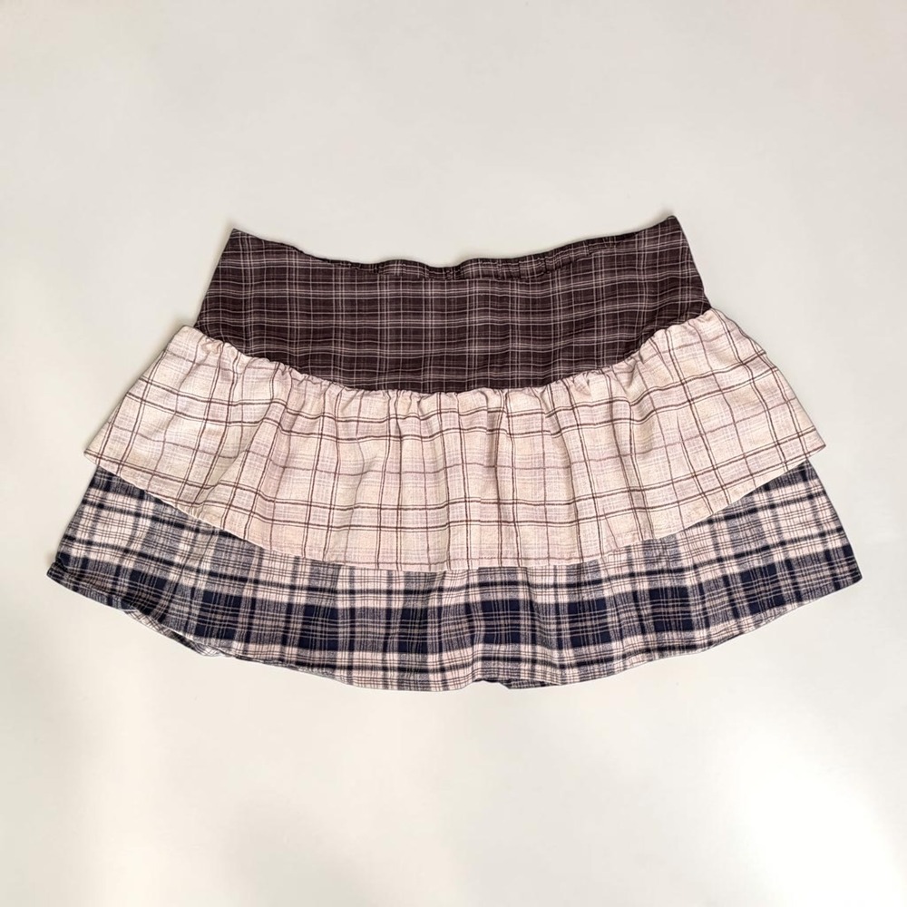 Emerging Young Preppy Plaid Tiered Mini Skort Brown Cream Small